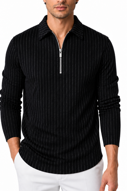 Ventorino Men's Polo Sweater Striped Knit Half Zip | Ventorino in Black — garment and fabric detail