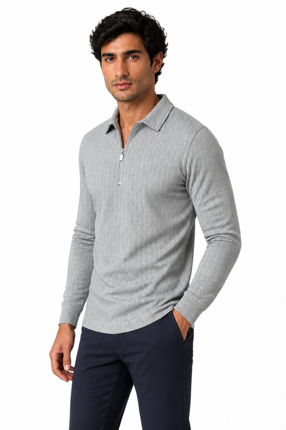 Ventorino Men's Polo Sweater Striped Knit Half Zip | Ventorino in Grey — model three-quarter view