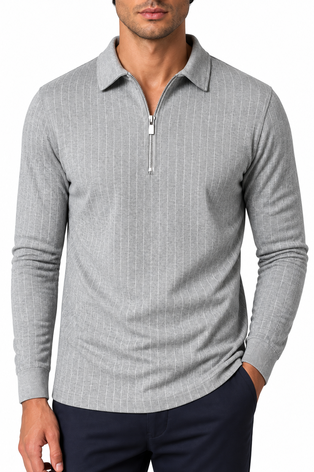 Ventorino Men's Polo Sweater Striped Knit Half Zip | Ventorino in Grey — garment and fabric detail