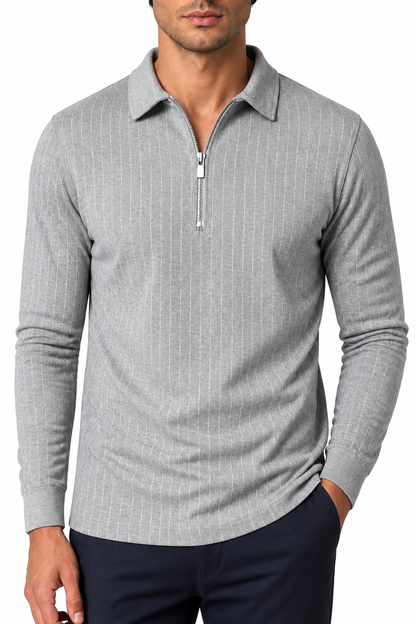 Ventorino Men's Polo Sweater Striped Knit Half Zip | Ventorino in Grey — garment and fabric detail