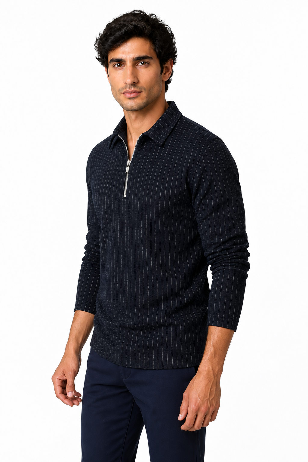 Ventorino Men's Polo Sweater Striped Knit Half Zip | Ventorino in Navy — model three-quarter view