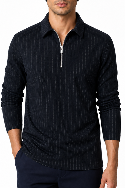 Ventorino Men's Polo Sweater Striped Knit Half Zip | Ventorino in Navy — garment and fabric detail