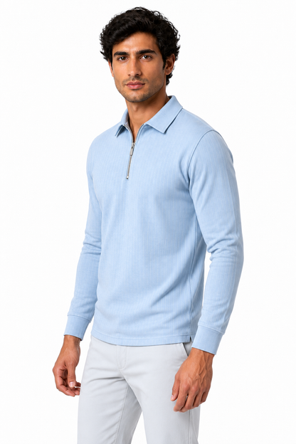 Ventorino Men's Polo Sweater Striped Knit Half Zip | Ventorino in Light Blue — model three-quarter view