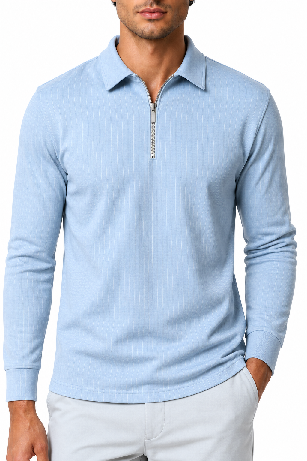 Ventorino Men's Polo Sweater Striped Knit Half Zip | Ventorino in Light Blue — garment and fabric detail