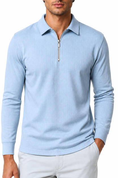 Ventorino Men's Polo Sweater Striped Knit Half Zip | Ventorino in Light Blue — garment and fabric detail