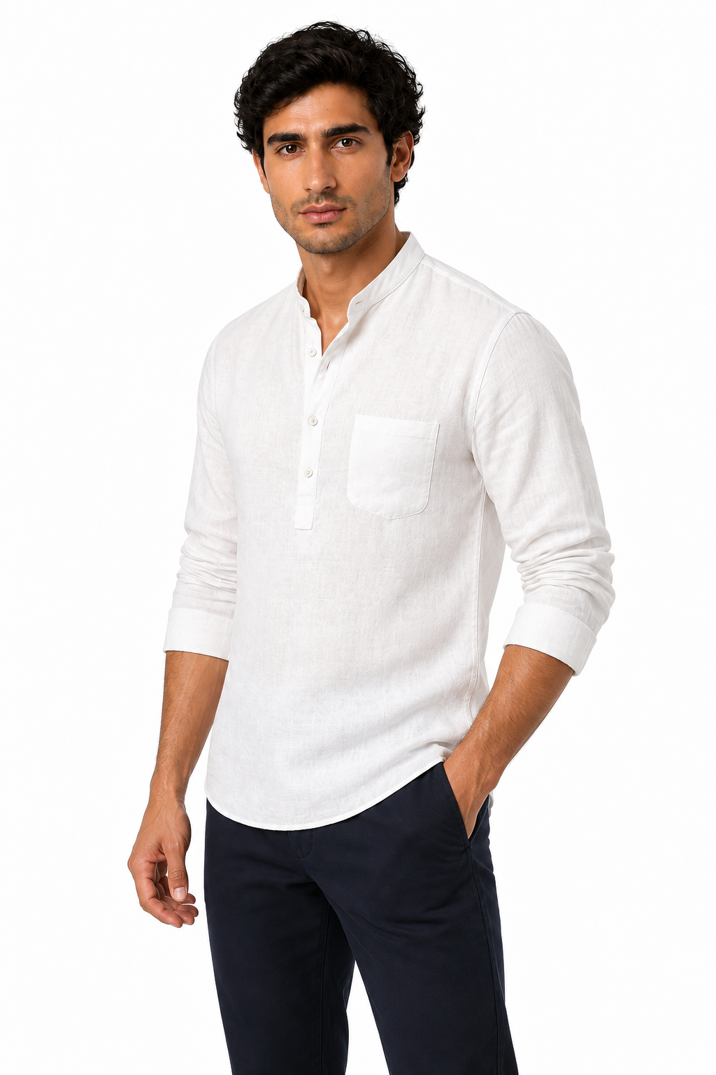 Ventorino Men's Henley Shirt Textured Fabric Button Neck | Ventorino in White — model three-quarter view
