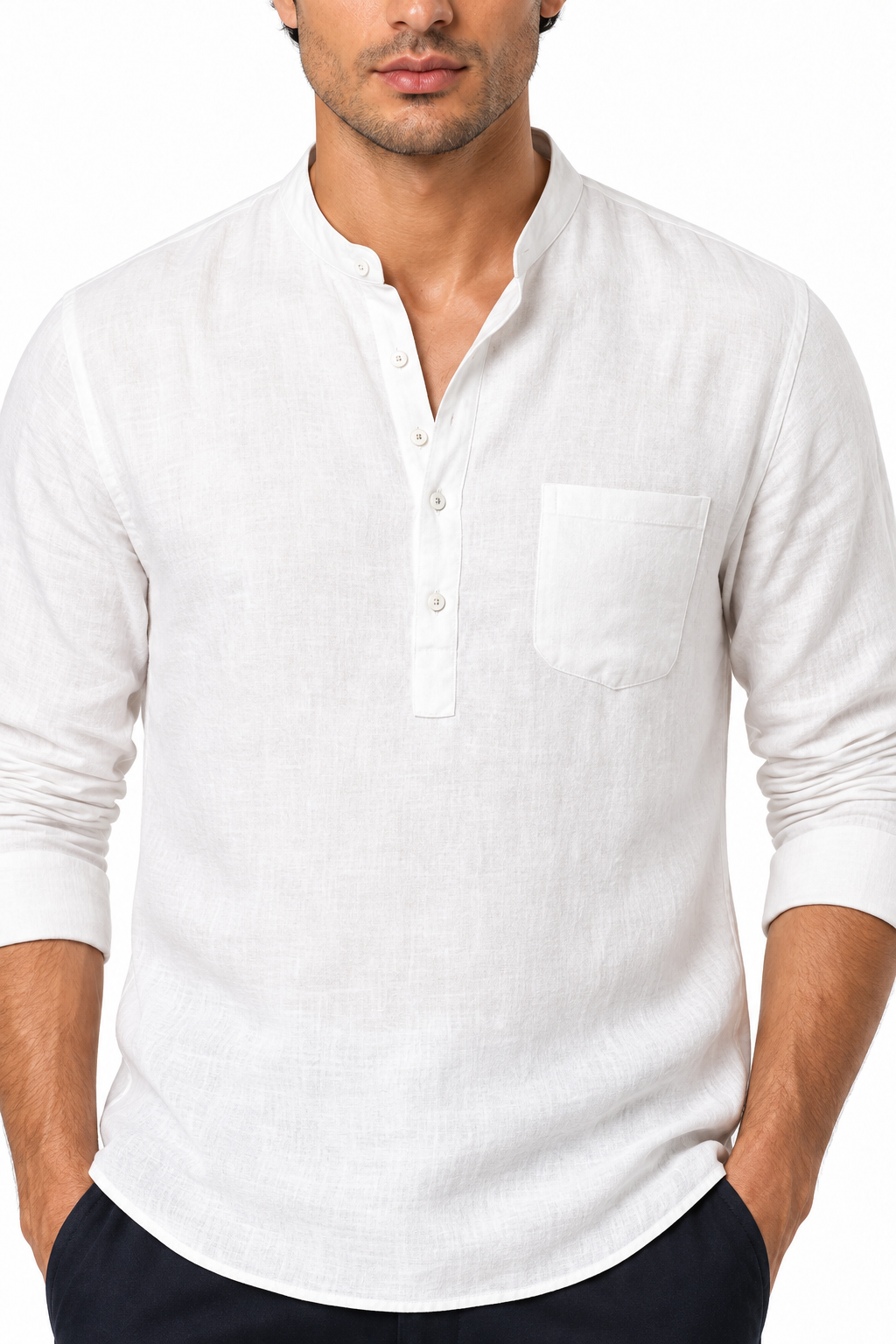 Ventorino Men's Henley Shirt Textured Fabric Button Neck | Ventorino in White — garment and fabric detail