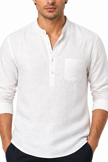 Ventorino Men's Henley Shirt Textured Fabric Button Neck | Ventorino in White — garment and fabric detail