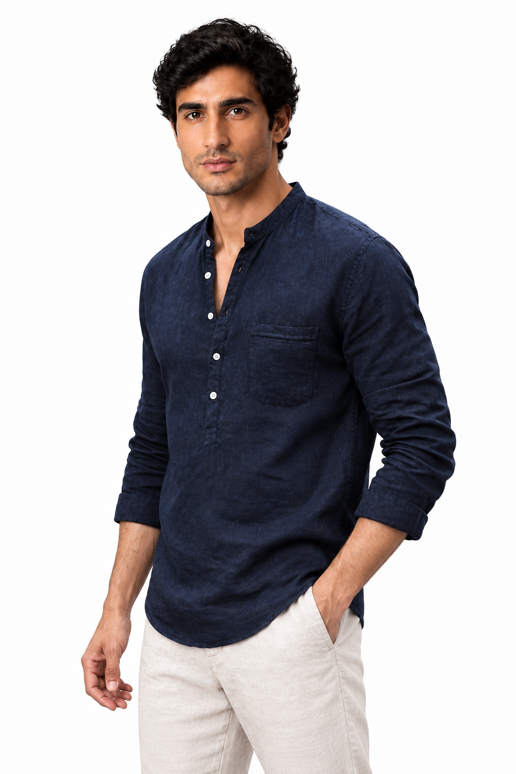 Ventorino Men's Henley Shirt Textured Fabric Button Neck | Ventorino in Navy Blue — model three-quarter view