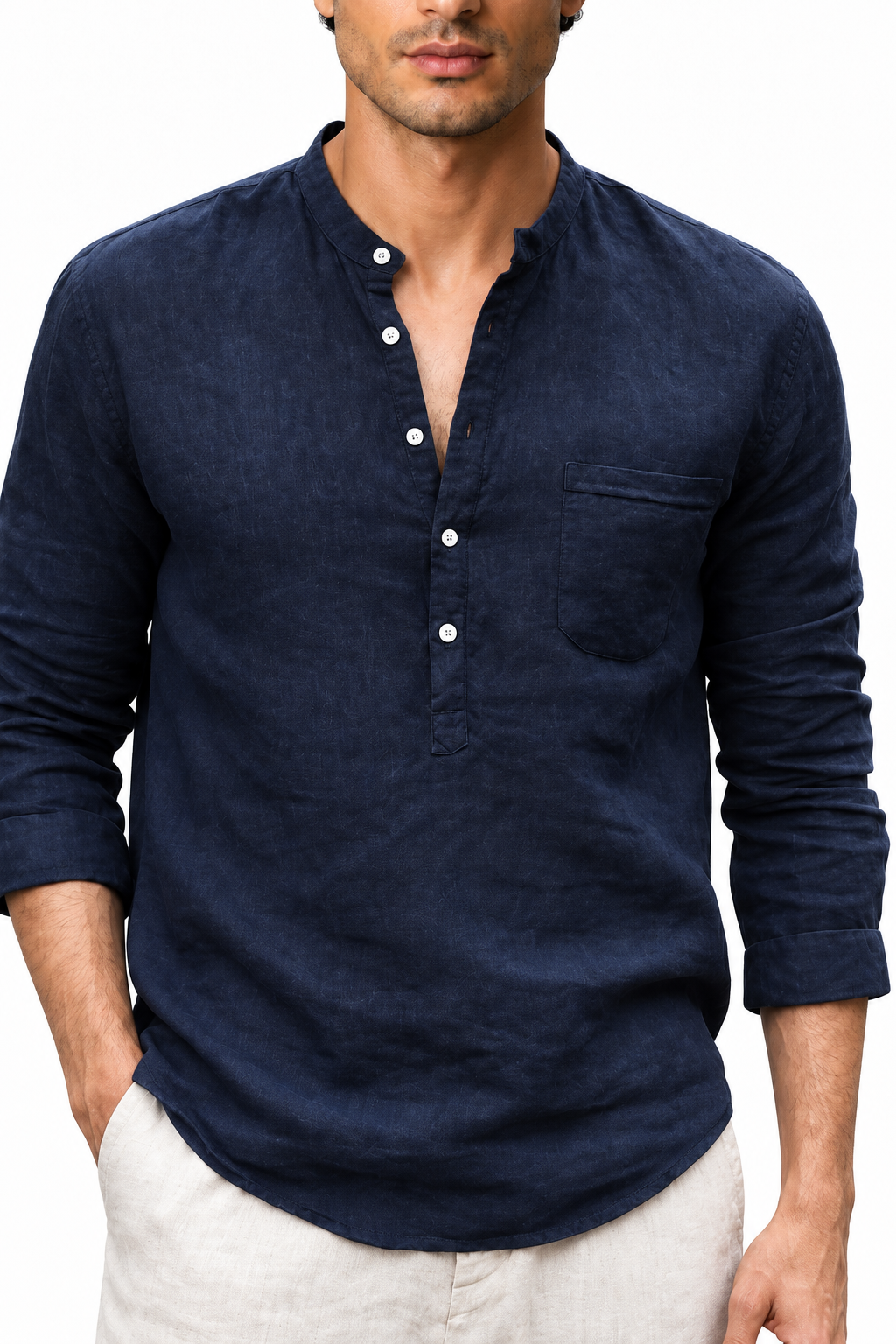 Ventorino Men's Henley Shirt Textured Fabric Button Neck | Ventorino in Navy Blue — garment and fabric detail
