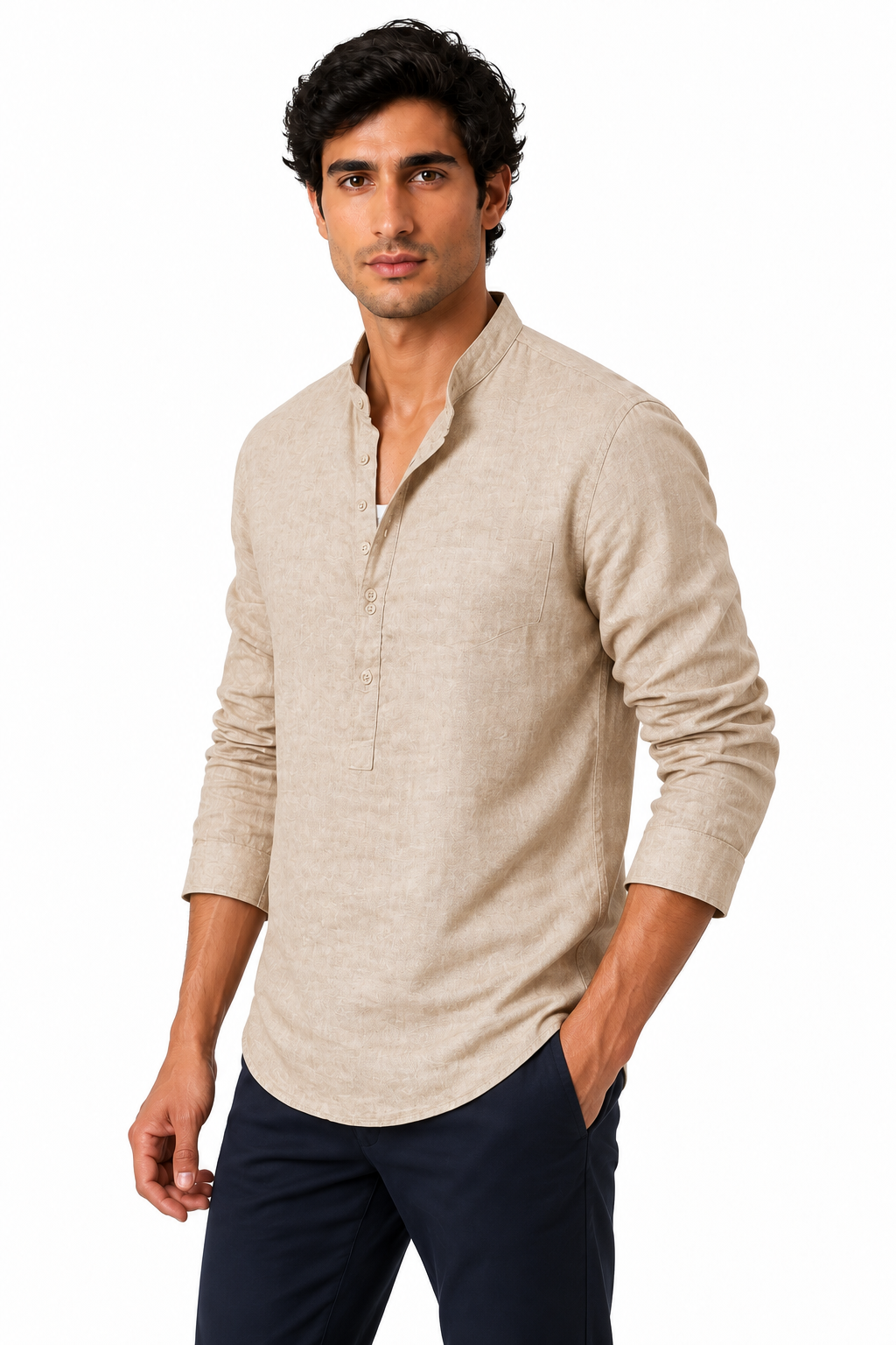 Ventorino Men's Henley Shirt Textured Fabric Button Neck | Ventorino in Khaki — model three-quarter view