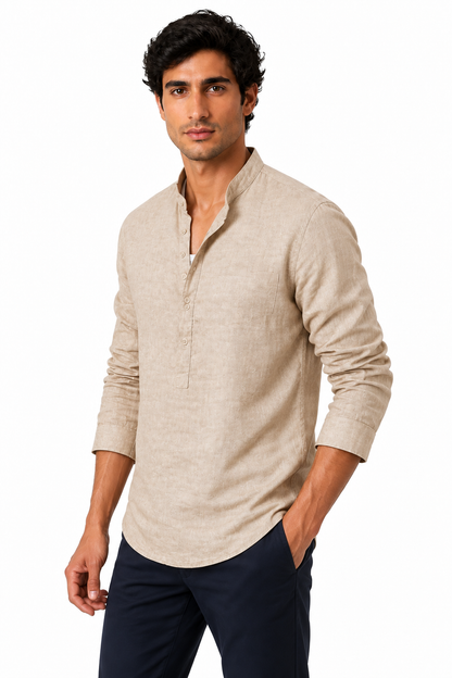 Ventorino Men's Henley Shirt Textured Fabric Button Neck | Ventorino in Khaki — model three-quarter view