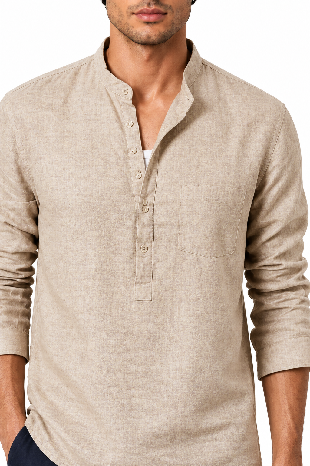 Ventorino Men's Henley Shirt Textured Fabric Button Neck | Ventorino in Khaki — garment and fabric detail