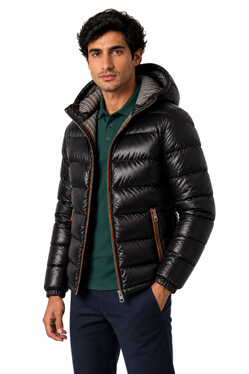 Ventorino Men's Puffer Coat Winter Insulation Protective Hood | Ventorino in Black — model three-quarter view