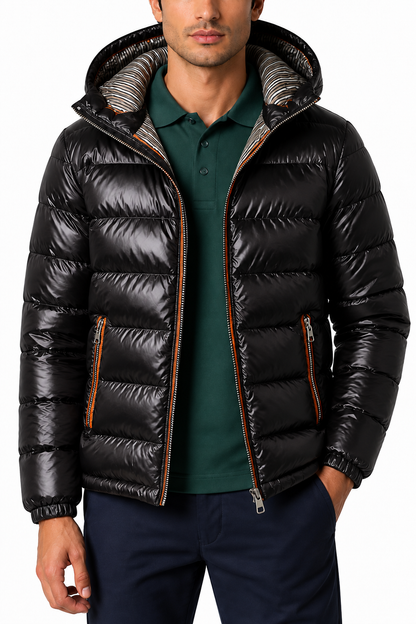 Ventorino Men's Puffer Coat Winter Insulation Protective Hood | Ventorino in Black — garment and fabric detail