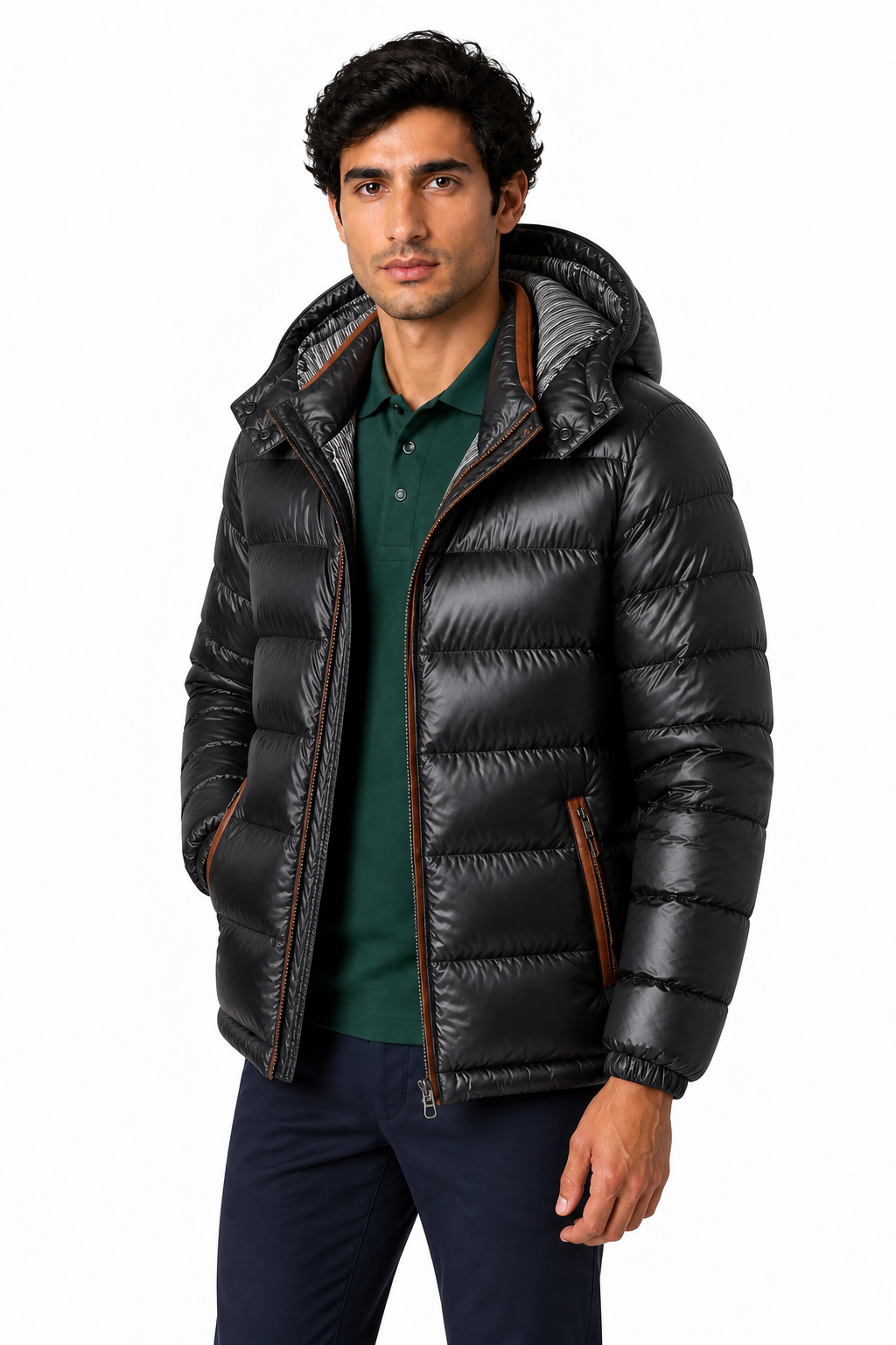 Ventorino Men's Puffer Coat Winter Insulation Protective Hood | Ventorino in Blue — model three-quarter view