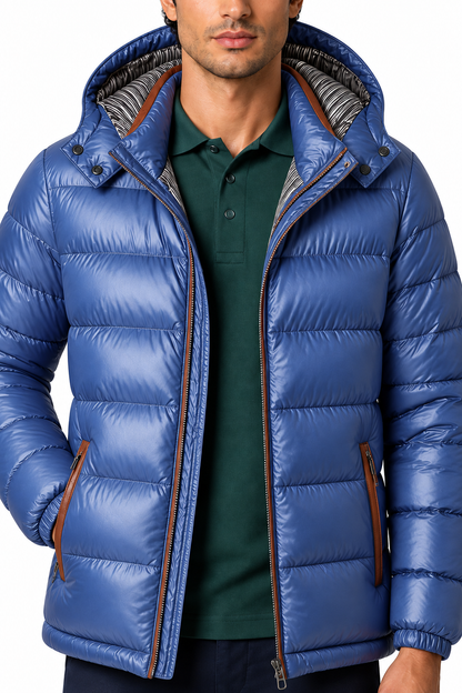 Ventorino Men's Puffer Coat Winter Insulation Protective Hood | Ventorino in Blue — garment and fabric detail