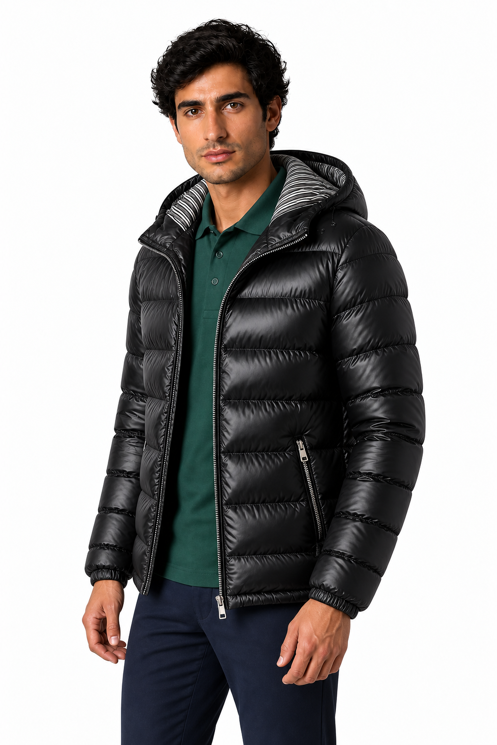 Ventorino Men's Puffer Coat Winter Insulation Protective Hood | Ventorino in Gold — model three-quarter view