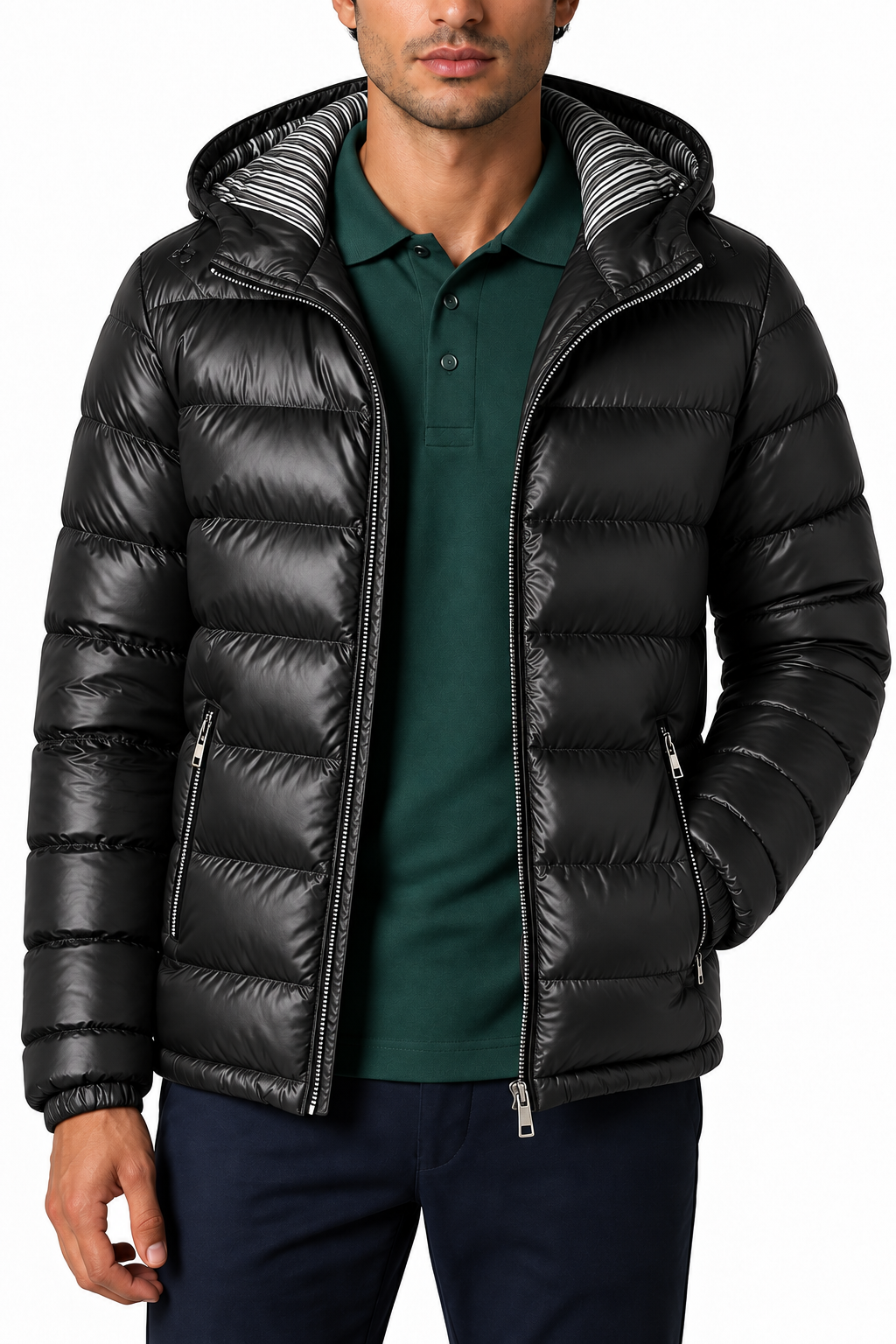 Ventorino Men's Puffer Coat Winter Insulation Protective Hood | Ventorino in Gold — garment and fabric detail