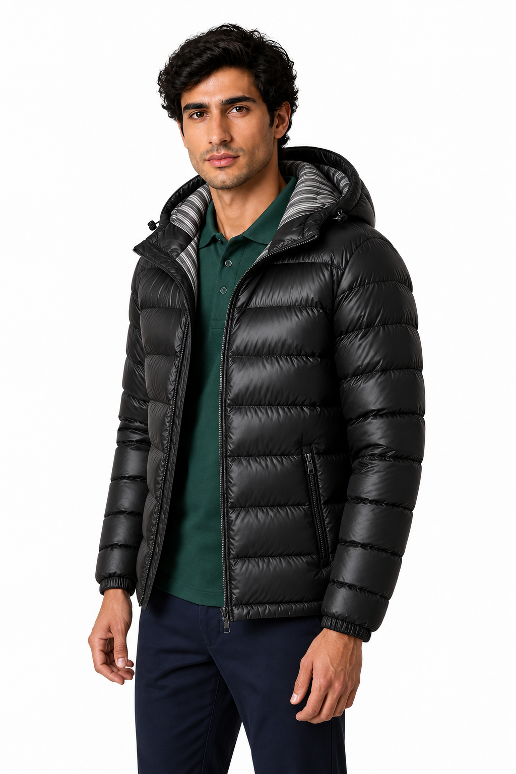 Ventorino Men's Puffer Coat Winter Insulation Protective Hood | Ventorino in Orange — model three-quarter view