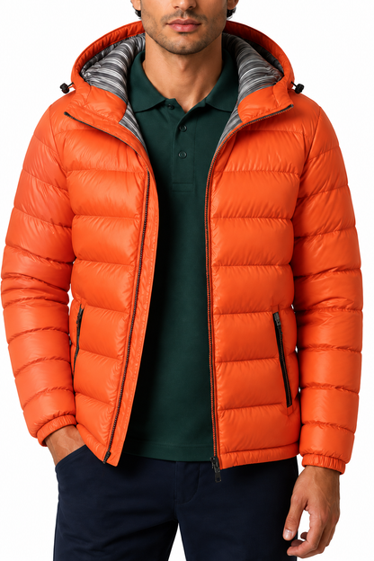 Ventorino Men's Puffer Coat Winter Insulation Protective Hood | Ventorino in Orange — garment and fabric detail