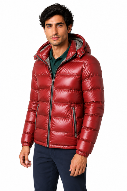 Ventorino Men's Puffer Coat Winter Insulation Protective Hood | Ventorino in Red — model three-quarter view