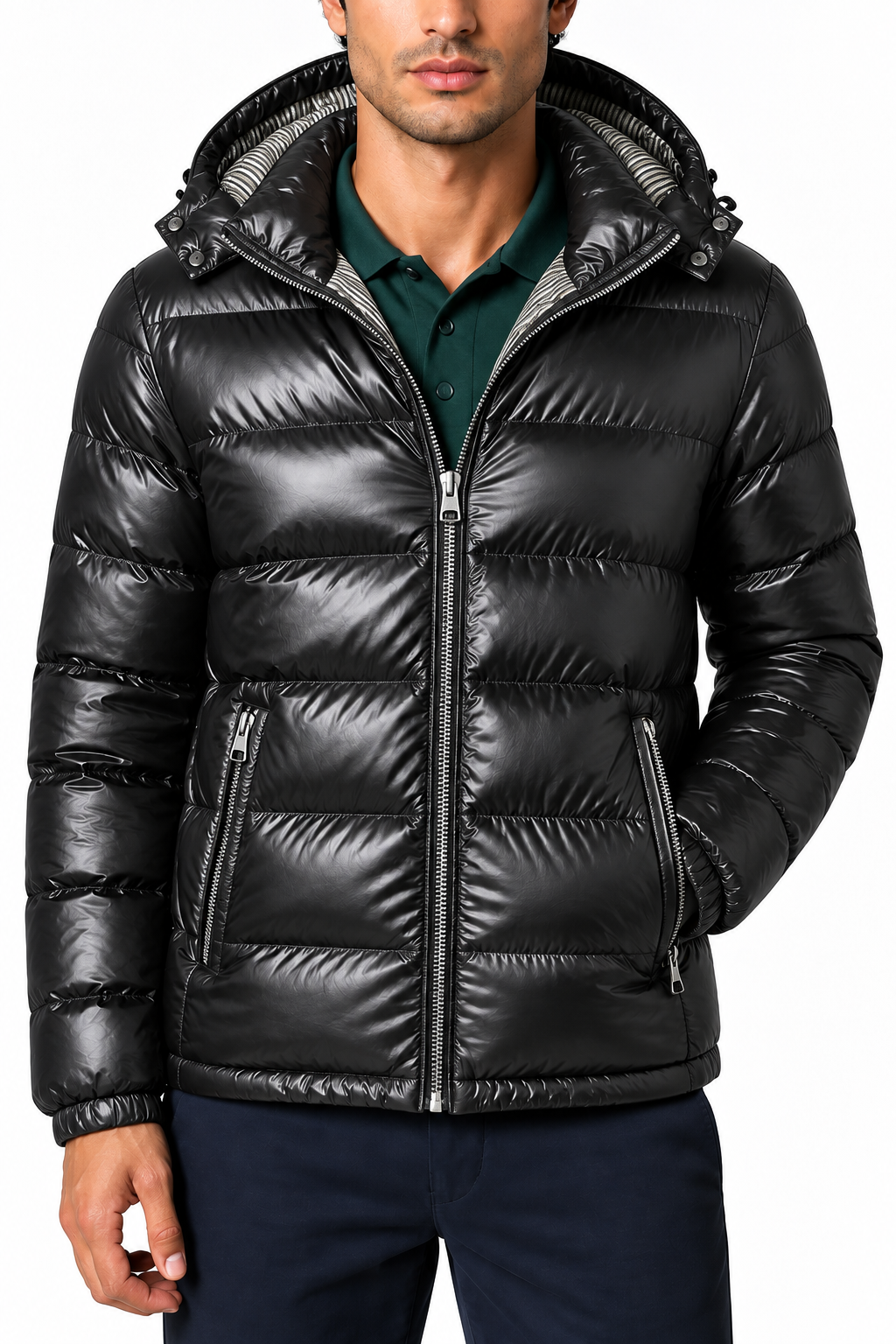 Ventorino Men's Puffer Coat Winter Insulation Protective Hood | Ventorino in Red — garment and fabric detail