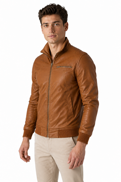 Ventorino Men's Jacket Faux Leather Vintage Finish | Ventorino in Brown — model three-quarter view