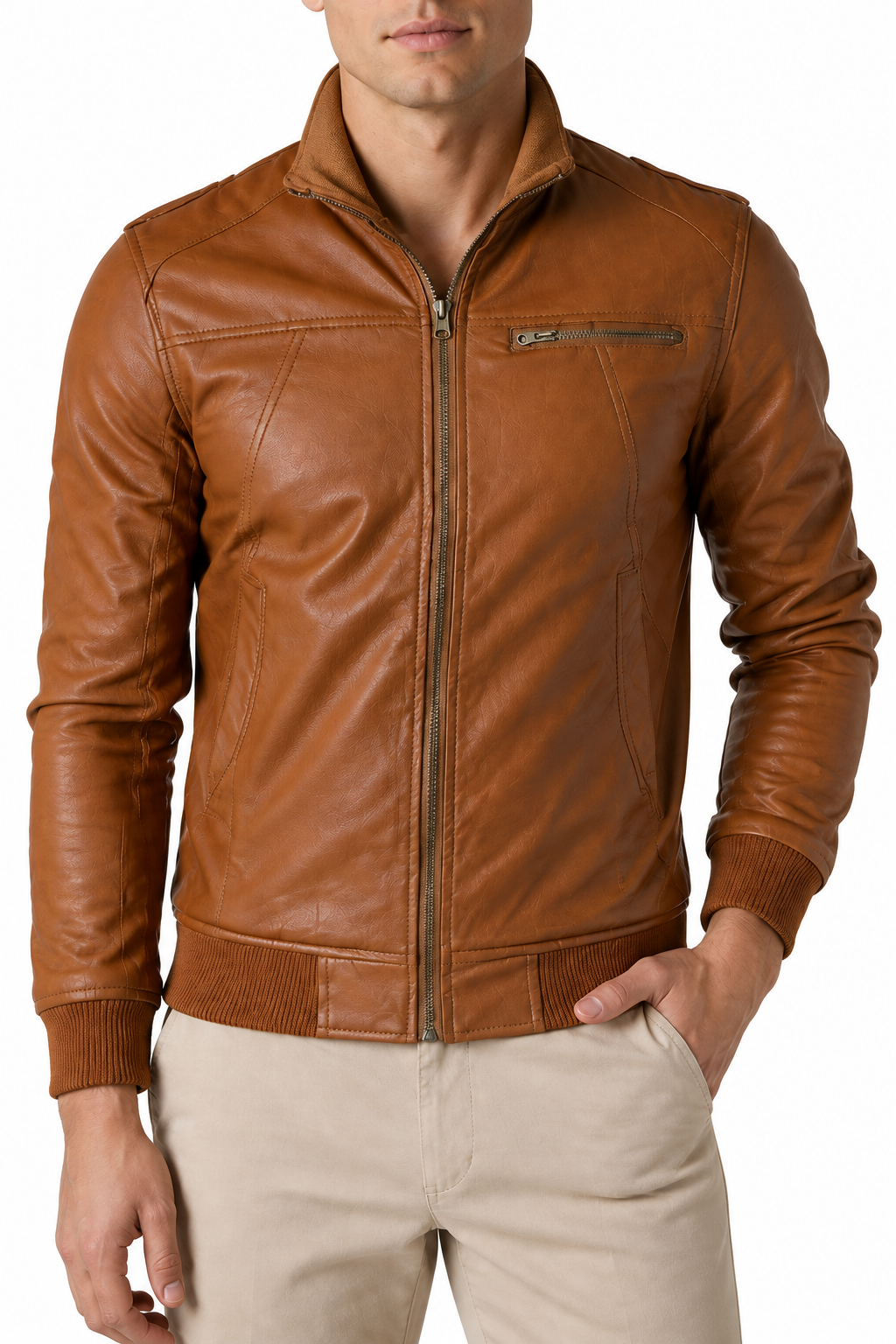 Ventorino Men's Jacket Faux Leather Vintage Finish | Ventorino in Brown — garment and fabric detail