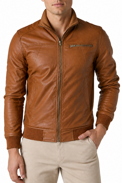 Ventorino Men's Jacket Faux Leather Vintage Finish | Ventorino in Brown — garment and fabric detail