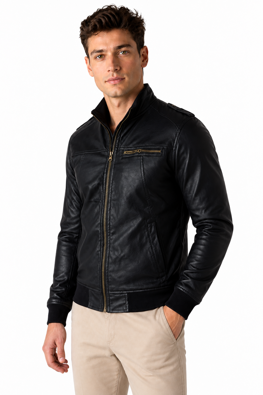 Ventorino Men's Jacket Faux Leather Vintage Finish | Ventorino in Black — model three-quarter view