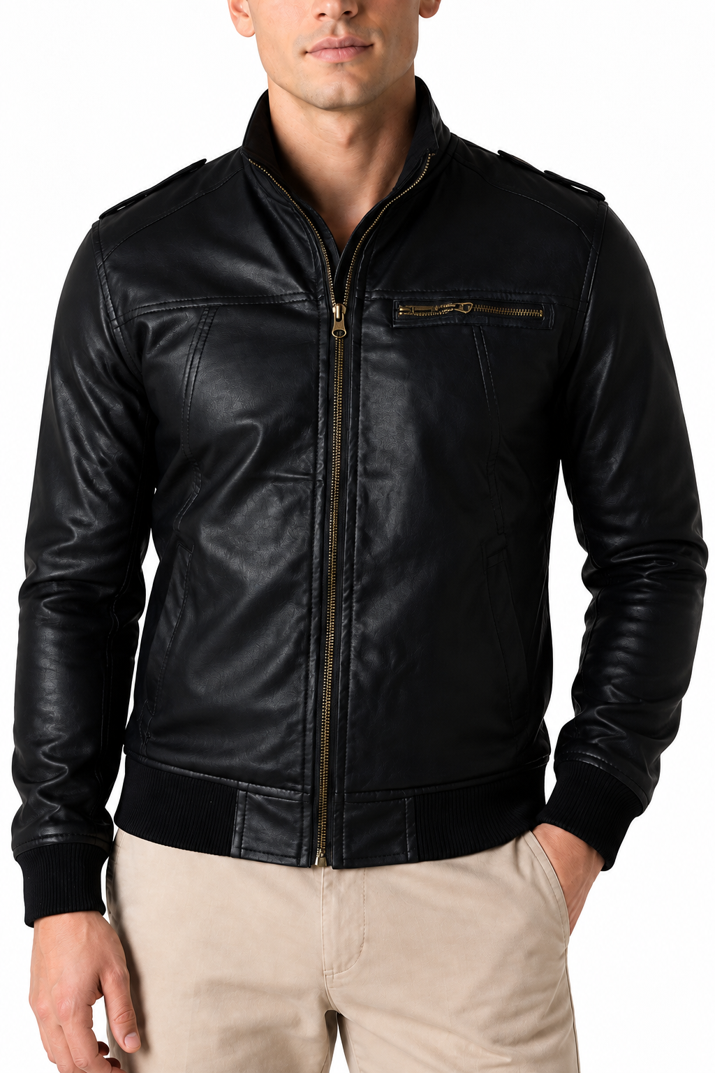 Ventorino Men's Jacket Faux Leather Vintage Finish | Ventorino in Black — garment and fabric detail