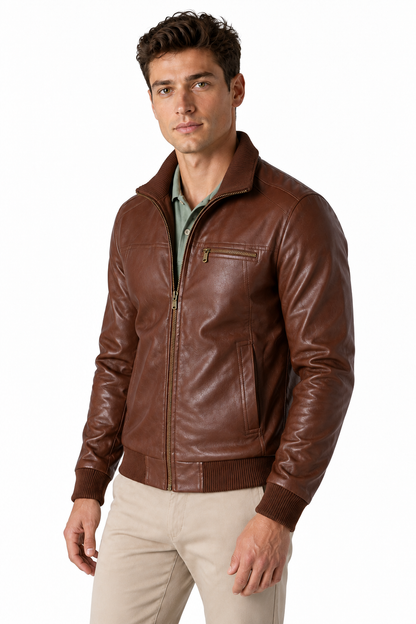 Ventorino Men's Jacket Faux Leather Vintage Finish | Ventorino in Dark brown — model three-quarter view