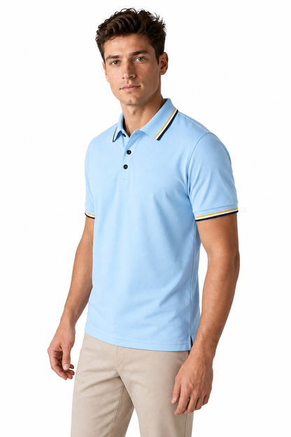 Ventorino Men's Polo Shirt Ribbed Texture Striped Design | Ventorino in Light Blue — model three-quarter view