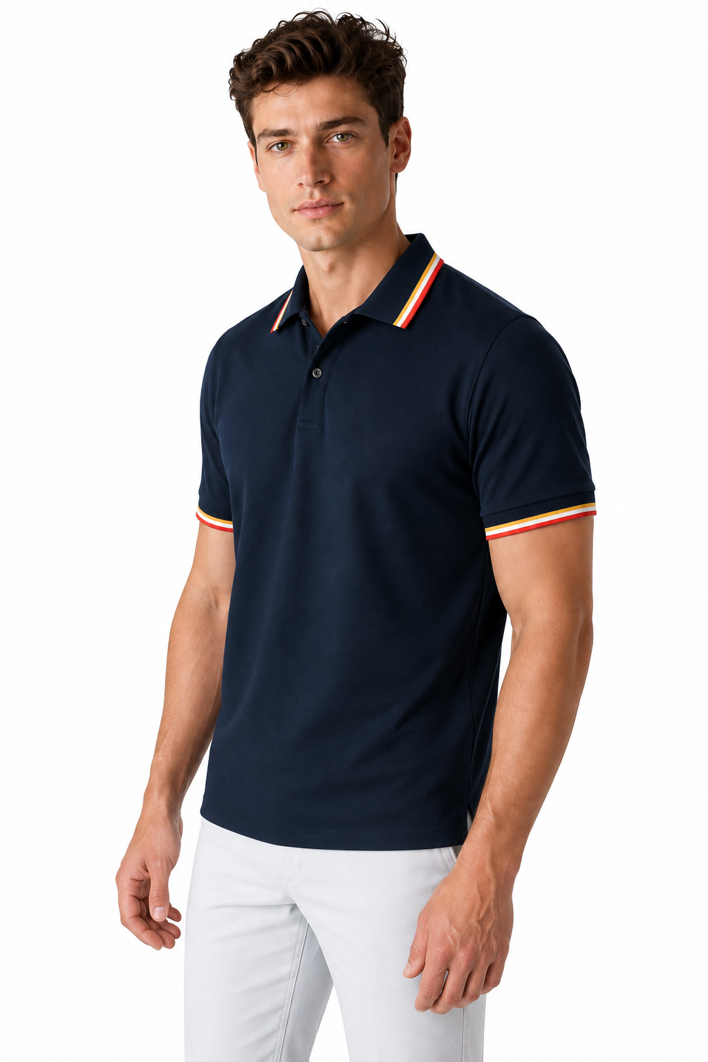 Ventorino Men's Polo Shirt Ribbed Texture Striped Design | Ventorino in Navy Blue — model three-quarter view
