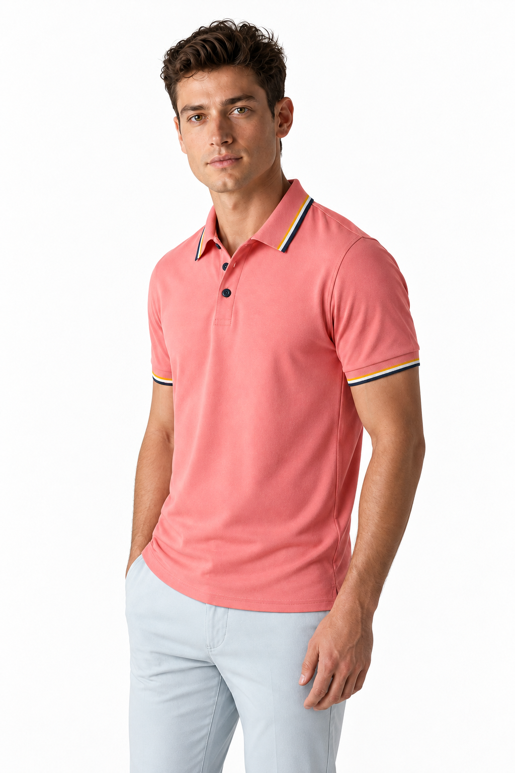 Ventorino Men's Polo Shirt Ribbed Texture Striped Design | Ventorino in Watermelon Red — model three-quarter view