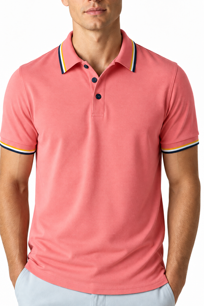 Ventorino Men's Polo Shirt Ribbed Texture Striped Design | Ventorino in Watermelon Red — garment and fabric detail