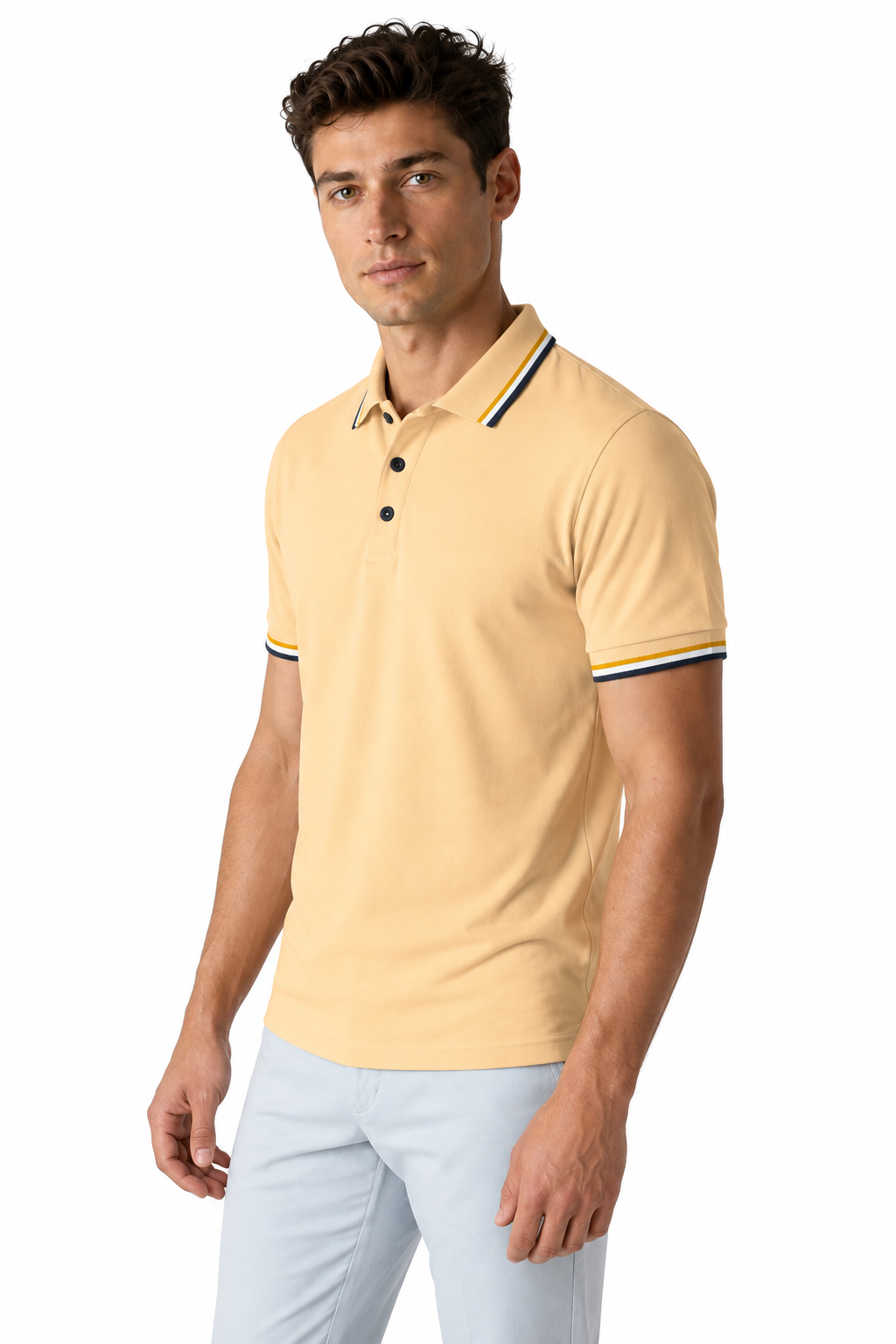 Ventorino Men's Polo Shirt Ribbed Texture Striped Design | Ventorino in Light Yellow — model three-quarter view
