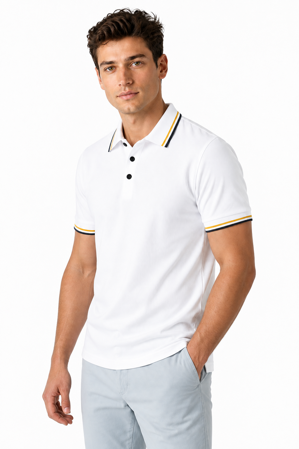 Ventorino Men's Polo Shirt Ribbed Texture Striped Design | Ventorino in White — model three-quarter view