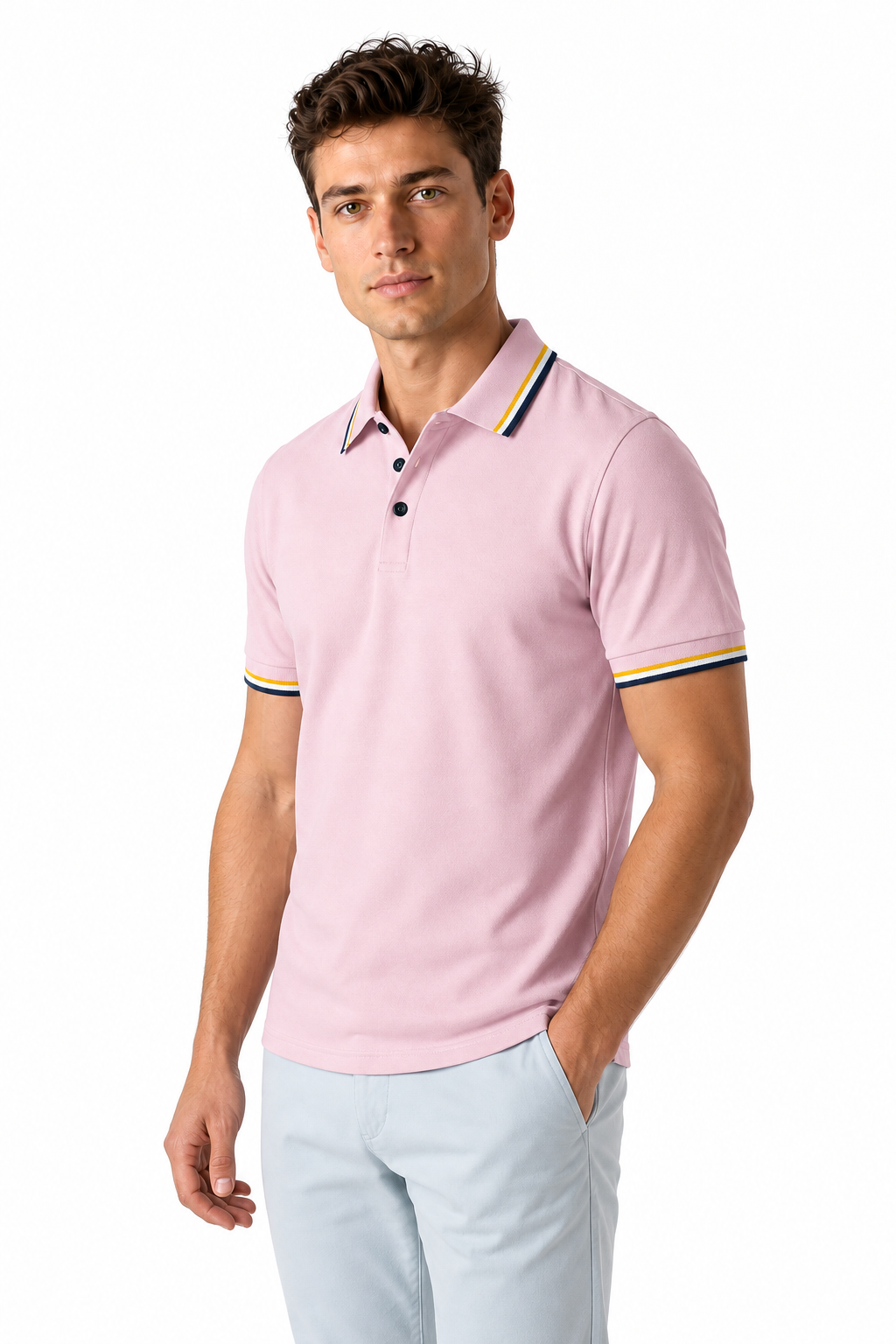 Ventorino Men's Polo Shirt Ribbed Texture Striped Design | Ventorino in Pink — model three-quarter view