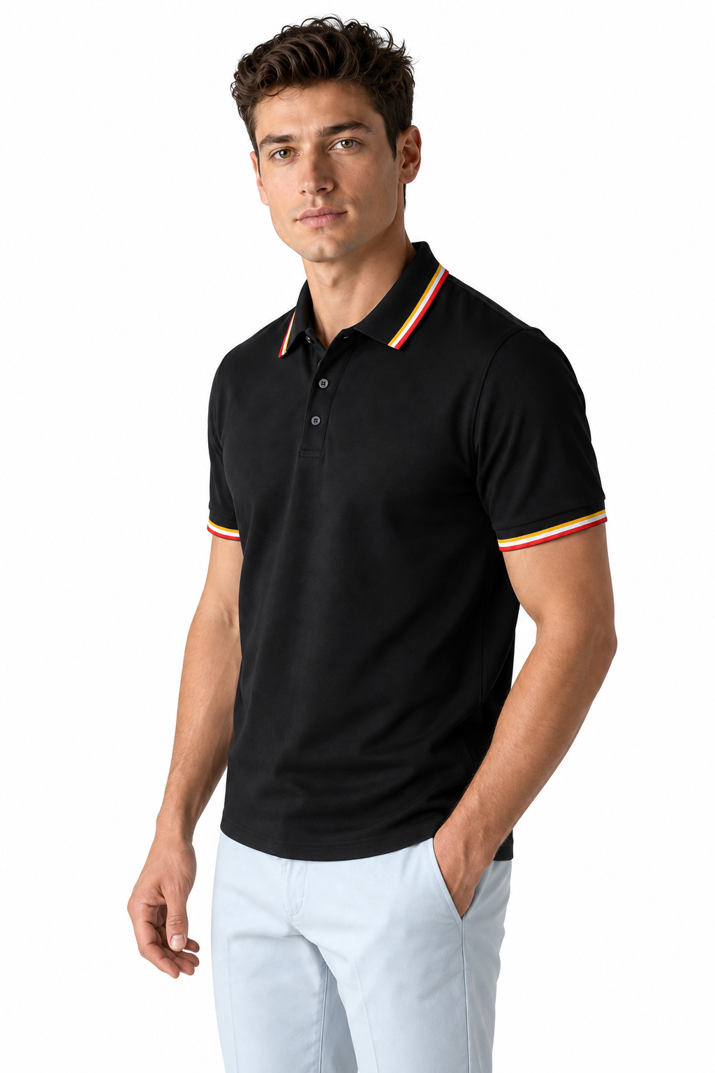 Ventorino Men's Polo Shirt Ribbed Texture Striped Design | Ventorino in Black — model three-quarter view