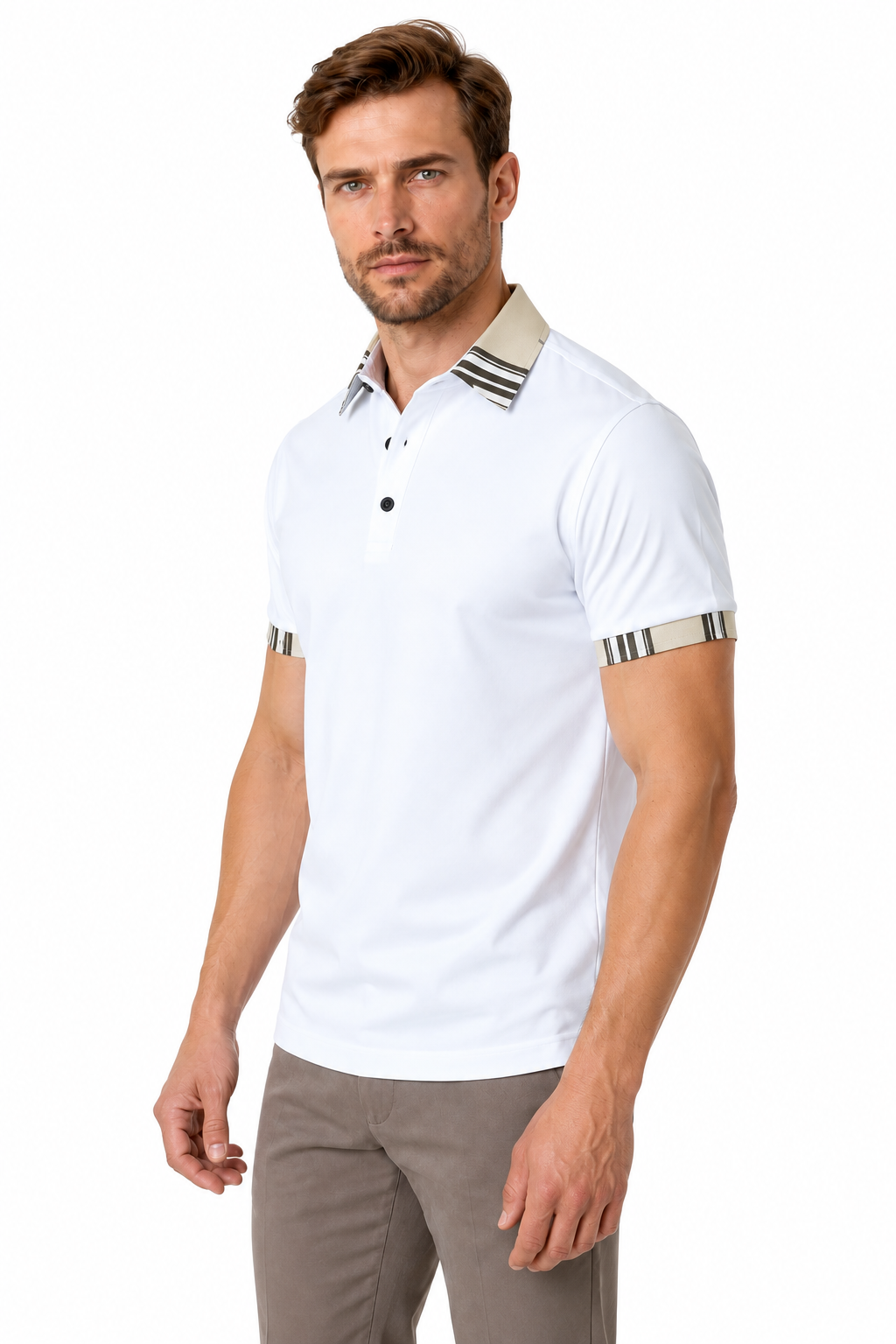 Ventorino Men's Polo Shirt Contrast Trim Utility Pocket | Ventorino in White — model three-quarter view