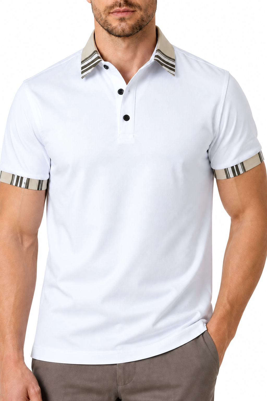 Ventorino Men's Polo Shirt Contrast Trim Utility Pocket | Ventorino in White — garment and fabric detail