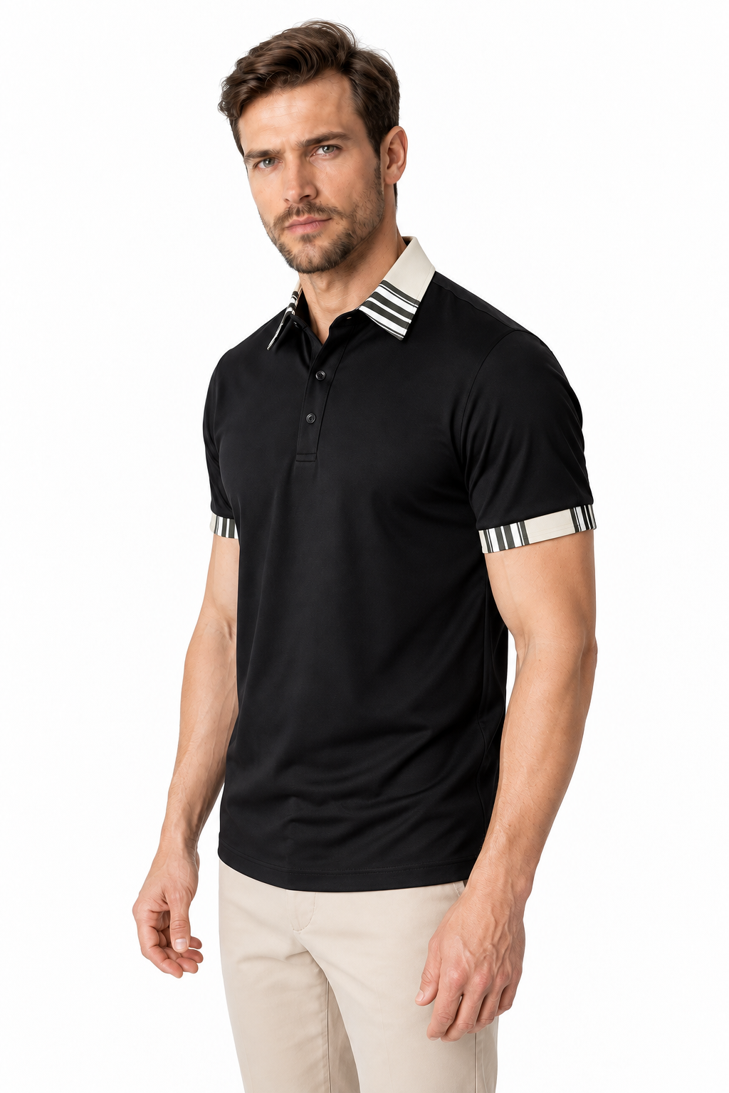 Ventorino Men's Polo Shirt Contrast Trim Utility Pocket | Ventorino in Black — model three-quarter view