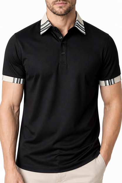 Ventorino Men's Polo Shirt Contrast Trim Utility Pocket | Ventorino in Black — garment and fabric detail