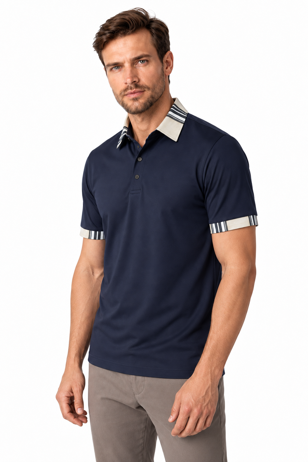 Ventorino Men's Polo Shirt Contrast Trim Utility Pocket | Ventorino in Navy Blue — model three-quarter view