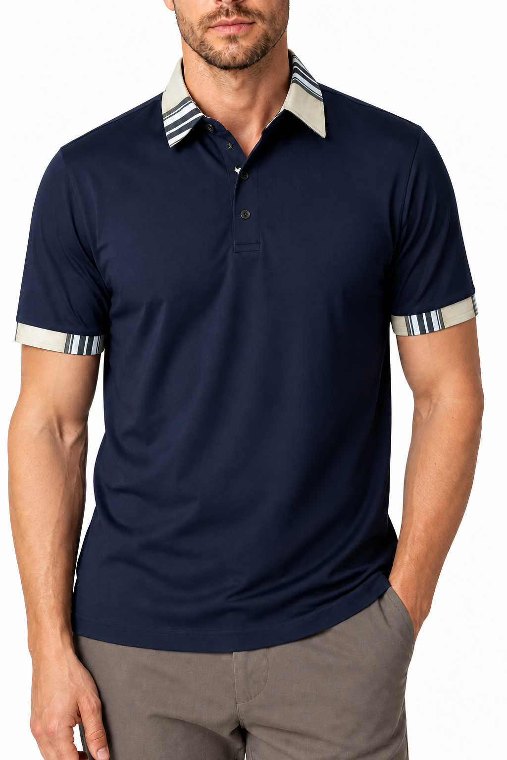 Ventorino Men's Polo Shirt Contrast Trim Utility Pocket | Ventorino in Navy Blue — garment and fabric detail