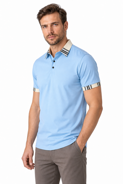Ventorino Men's Polo Shirt Contrast Trim Utility Pocket | Ventorino in Sky Blue — model three-quarter view
