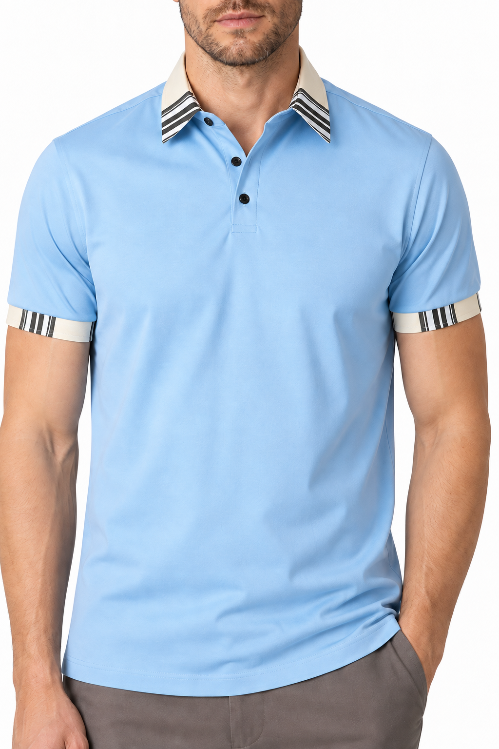 Ventorino Men's Polo Shirt Contrast Trim Utility Pocket | Ventorino in Sky Blue — garment and fabric detail