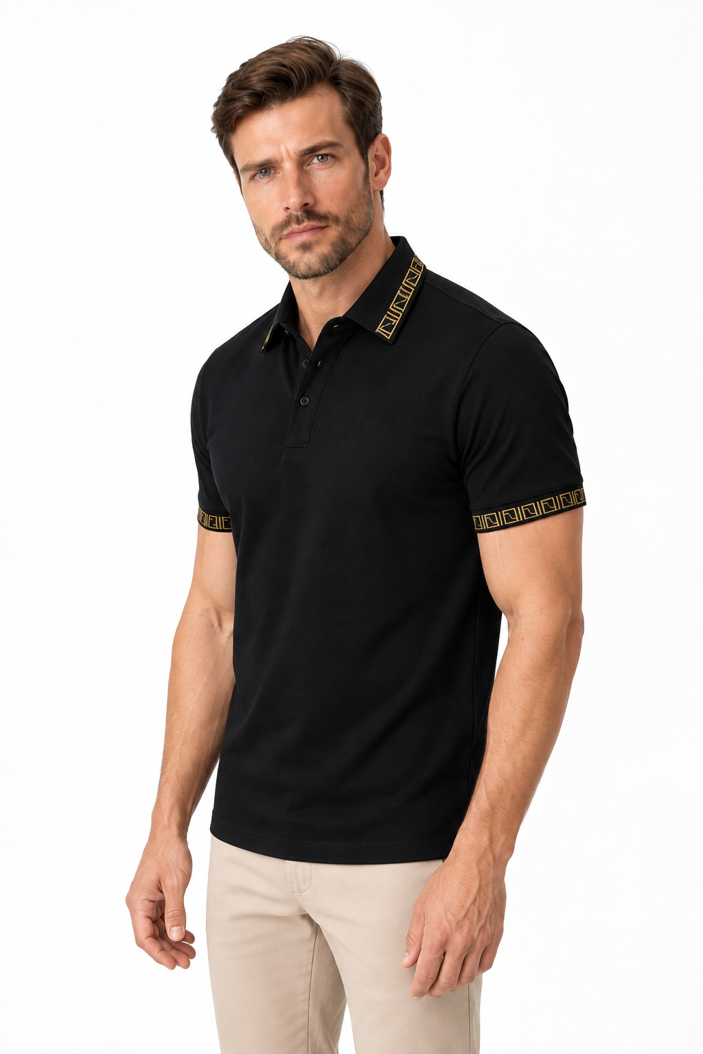 Ventorino Men's Polo Shirt Contrast Trim Utility Pocket | Ventorino in Black with yellow — model three-quarter view